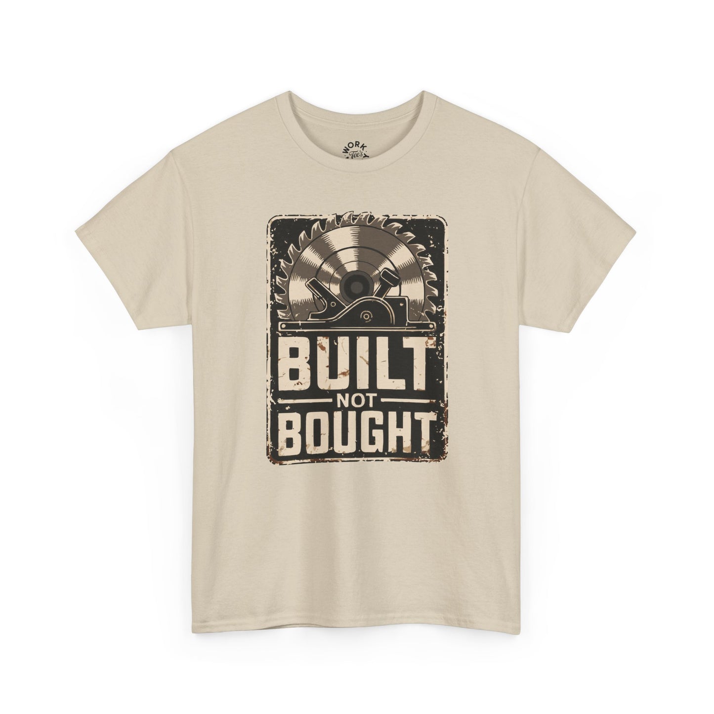 Beige t-shirt with a graphic design and text 'Built Not Bought' on a white background