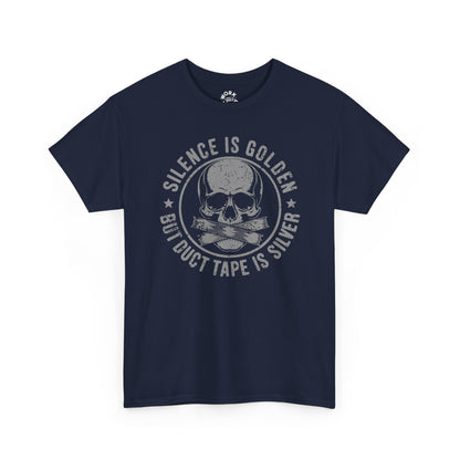 Navy blue t-shirt with skull design and text on a white background