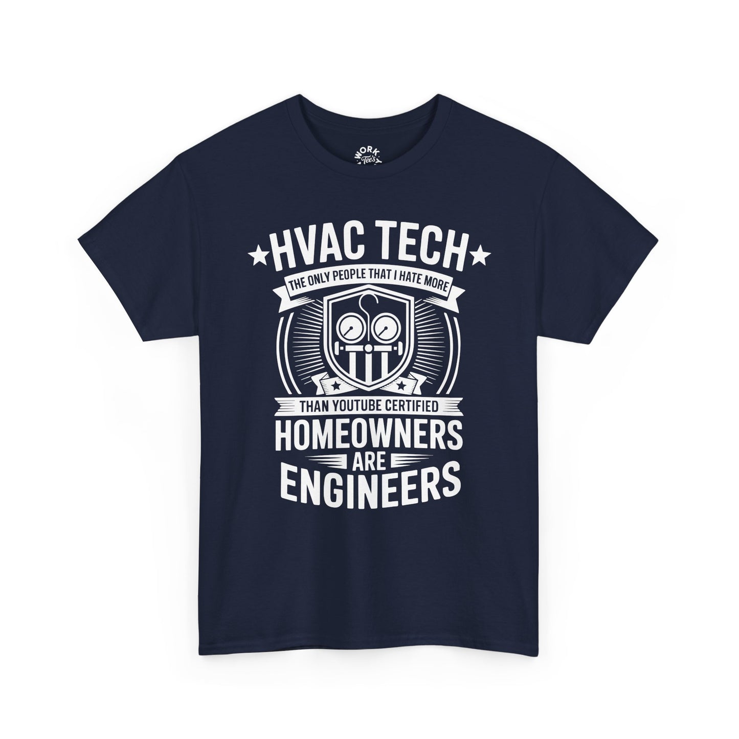 Navy blue t-shirt with white HVAC Tech graphic and text on a white background