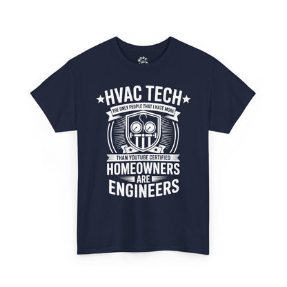 Navy blue t-shirt with white HVAC Tech graphic and text on a white background