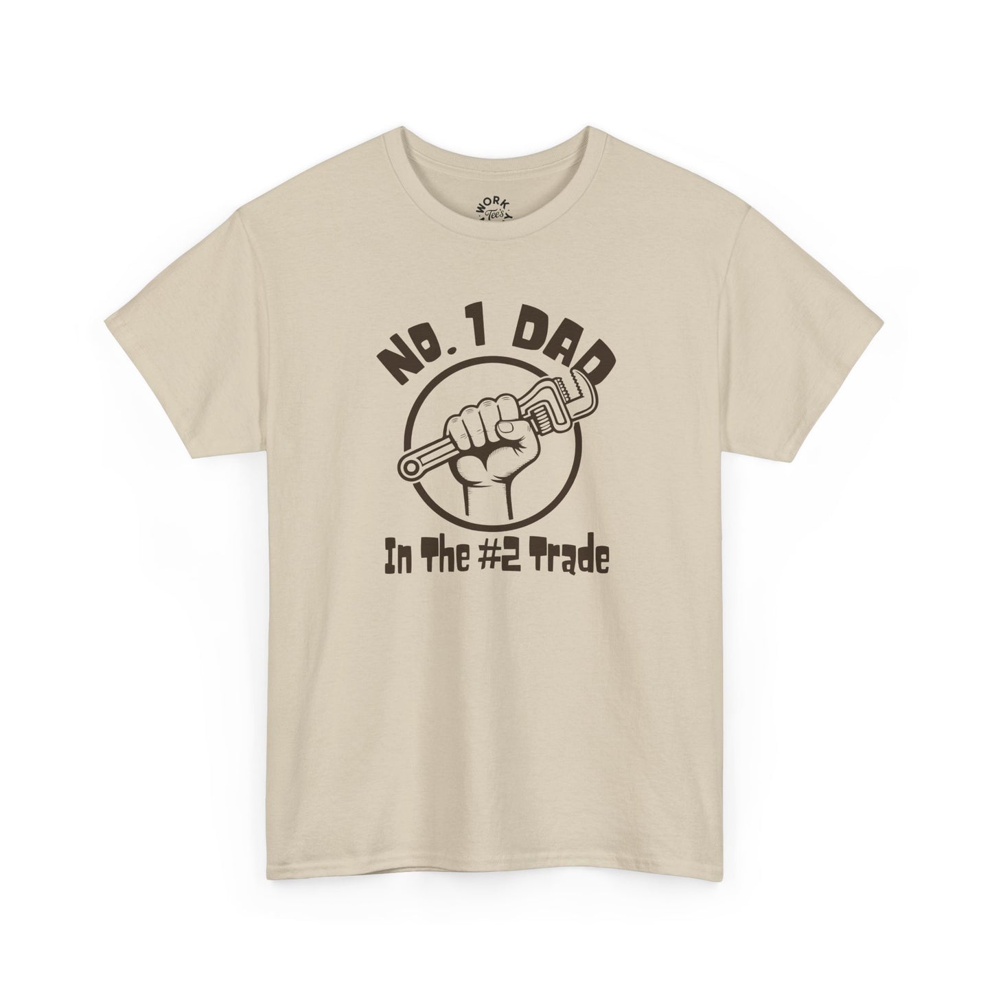 Beige t-shirt with graphic design and text on a white background
