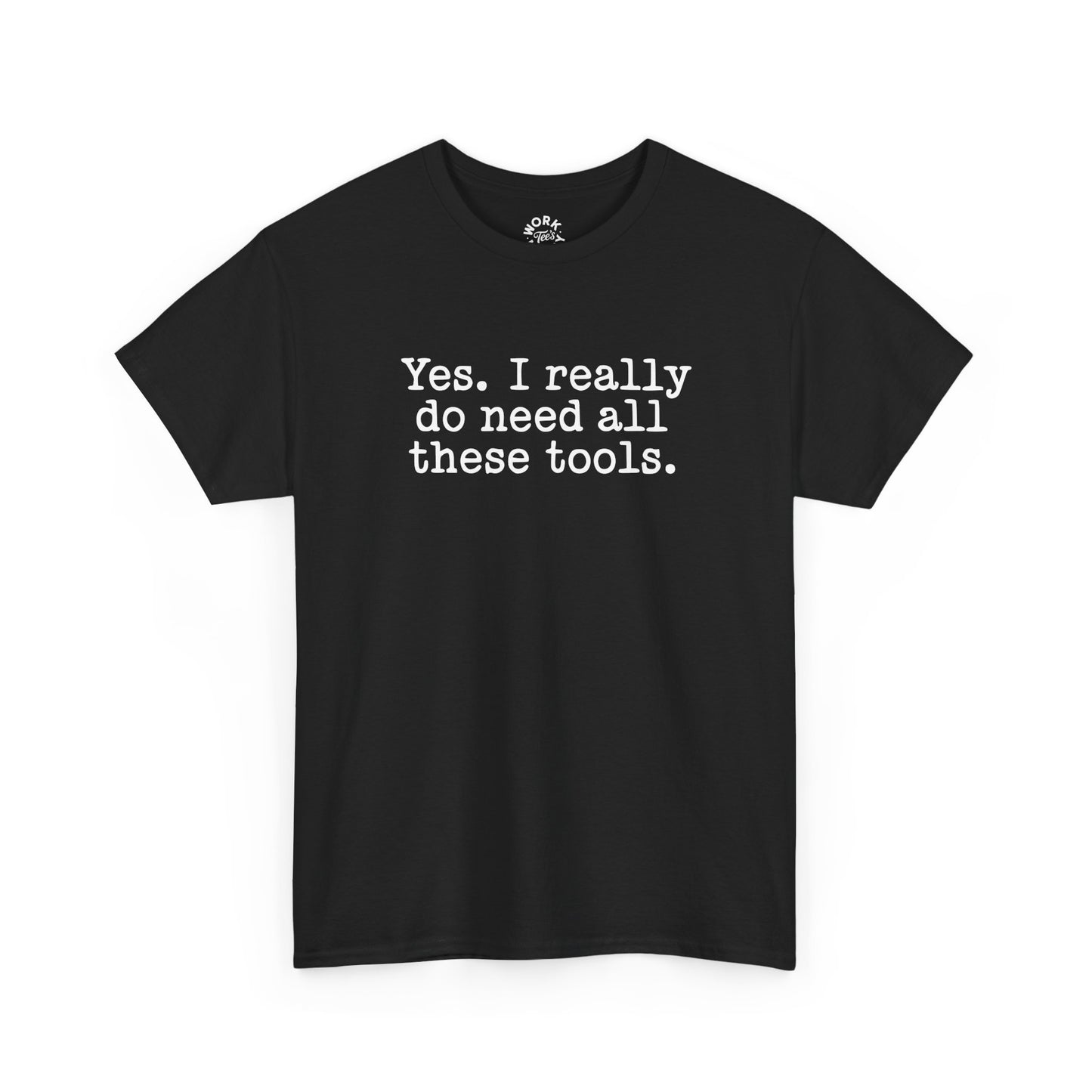 Black t-shirt with white text on a white background