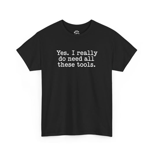 Black t-shirt with white text on a white background