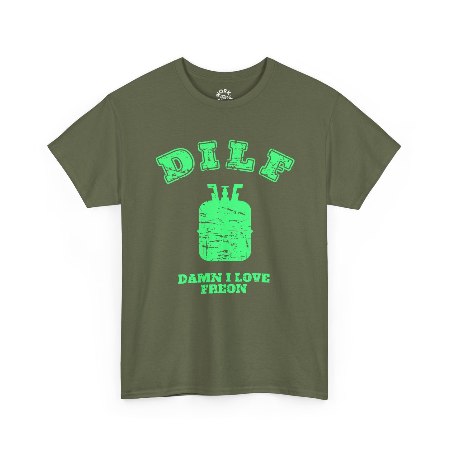 Green t-shirt with 'DILF Damn I Love Freon' text and graphic on a white background