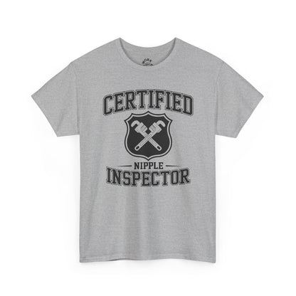 Gray t-shirt with 'Certified Nipple Inspector' text and graphic on a white background