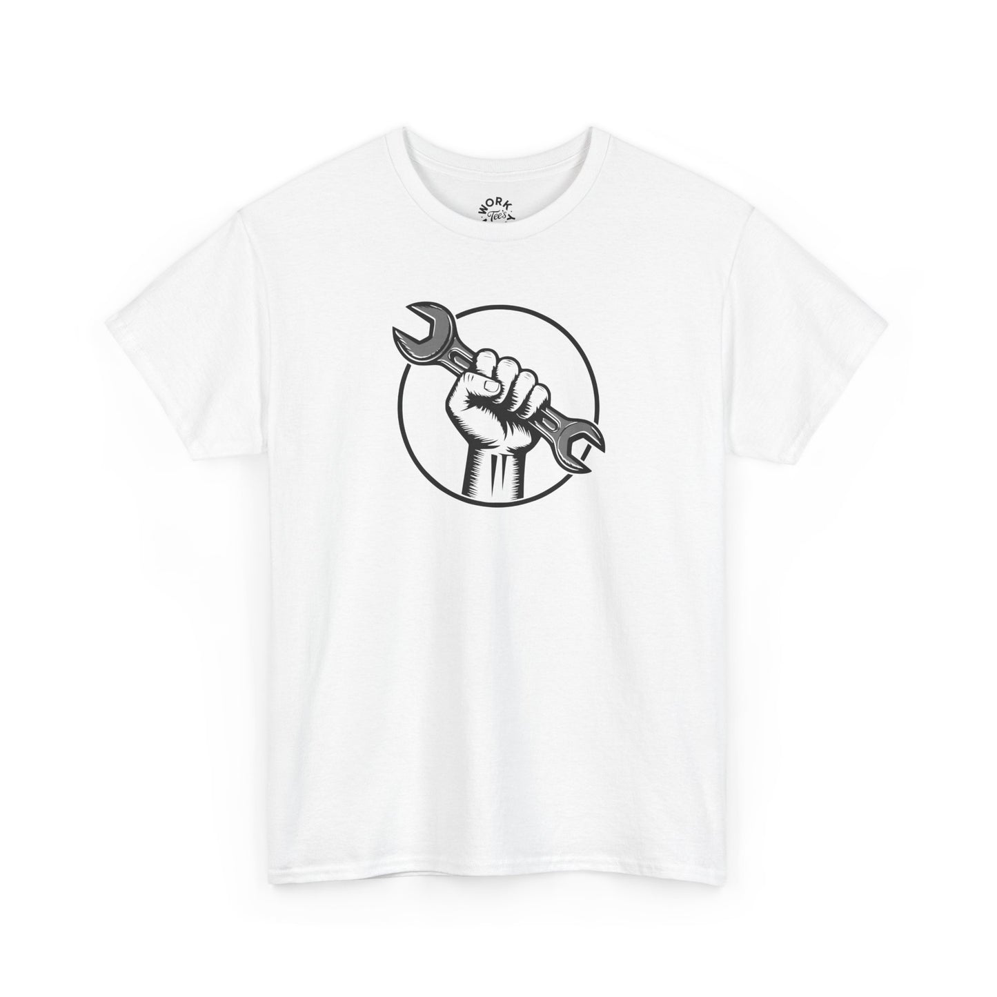 White t-shirt with a graphic of a hand holding a wrench on a white background