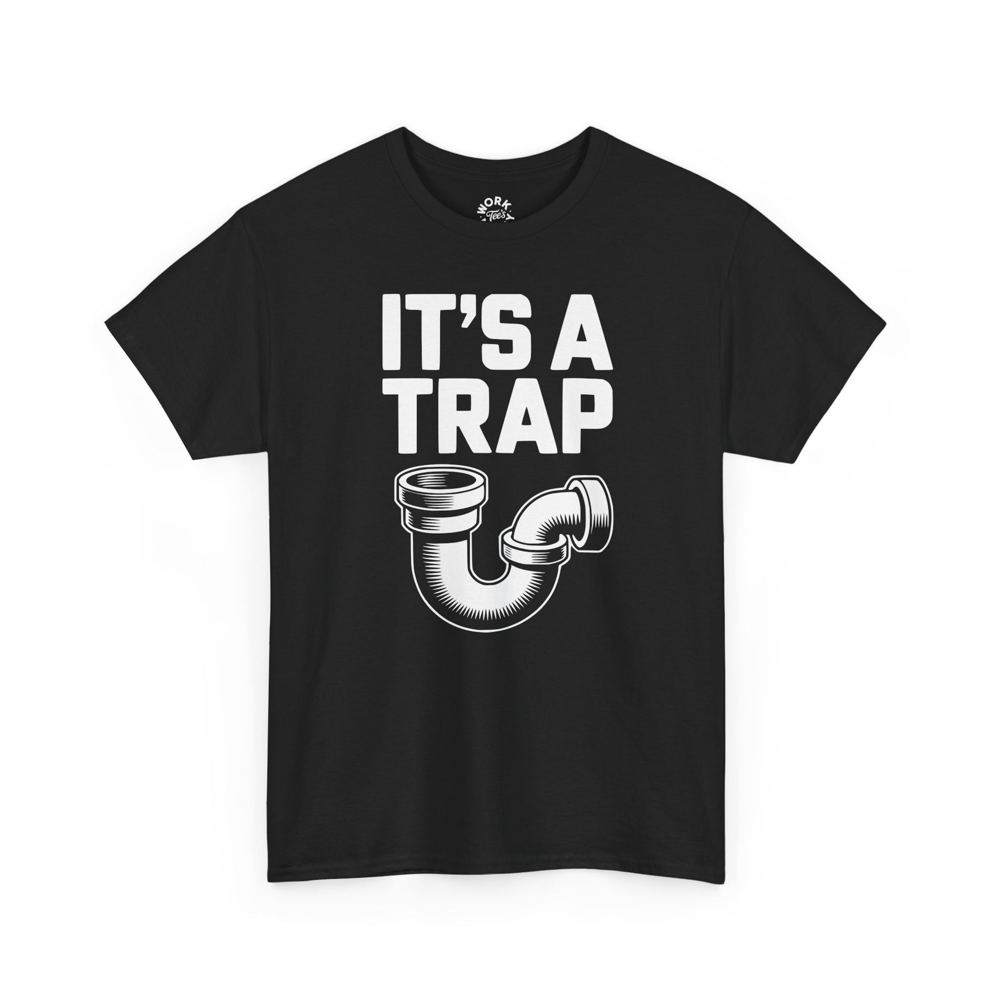 Black t-shirt with 'It's a Trap' graphic and text on a white background