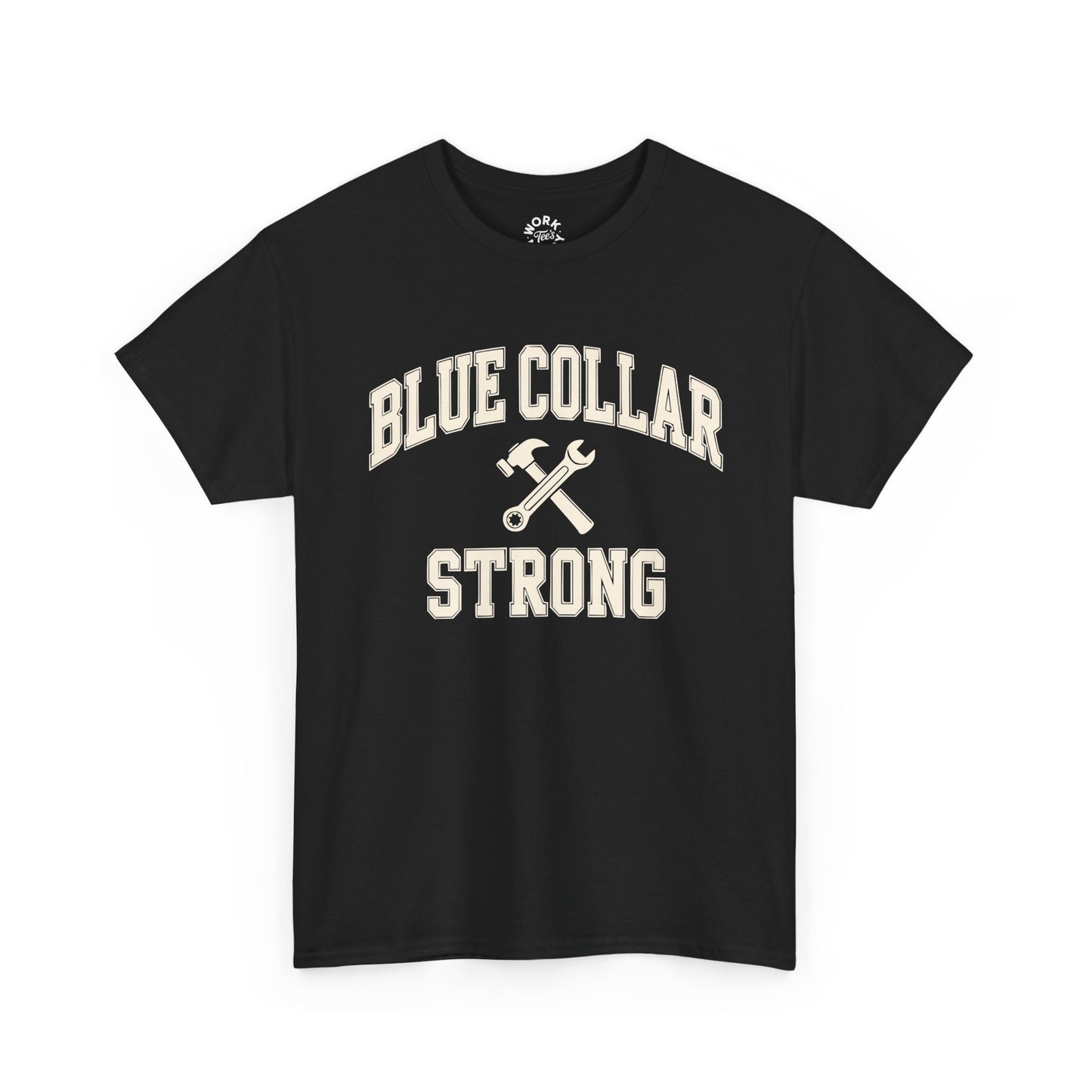 Black t-shirt with 'Blue Collar Strong' text and wrench graphic on a white background