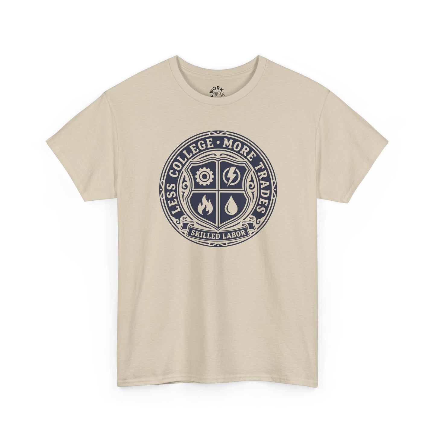 Beige t-shirt with a circular design featuring text and symbols on a white background