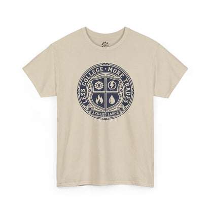 Beige t-shirt with a circular design featuring text and symbols on a white background