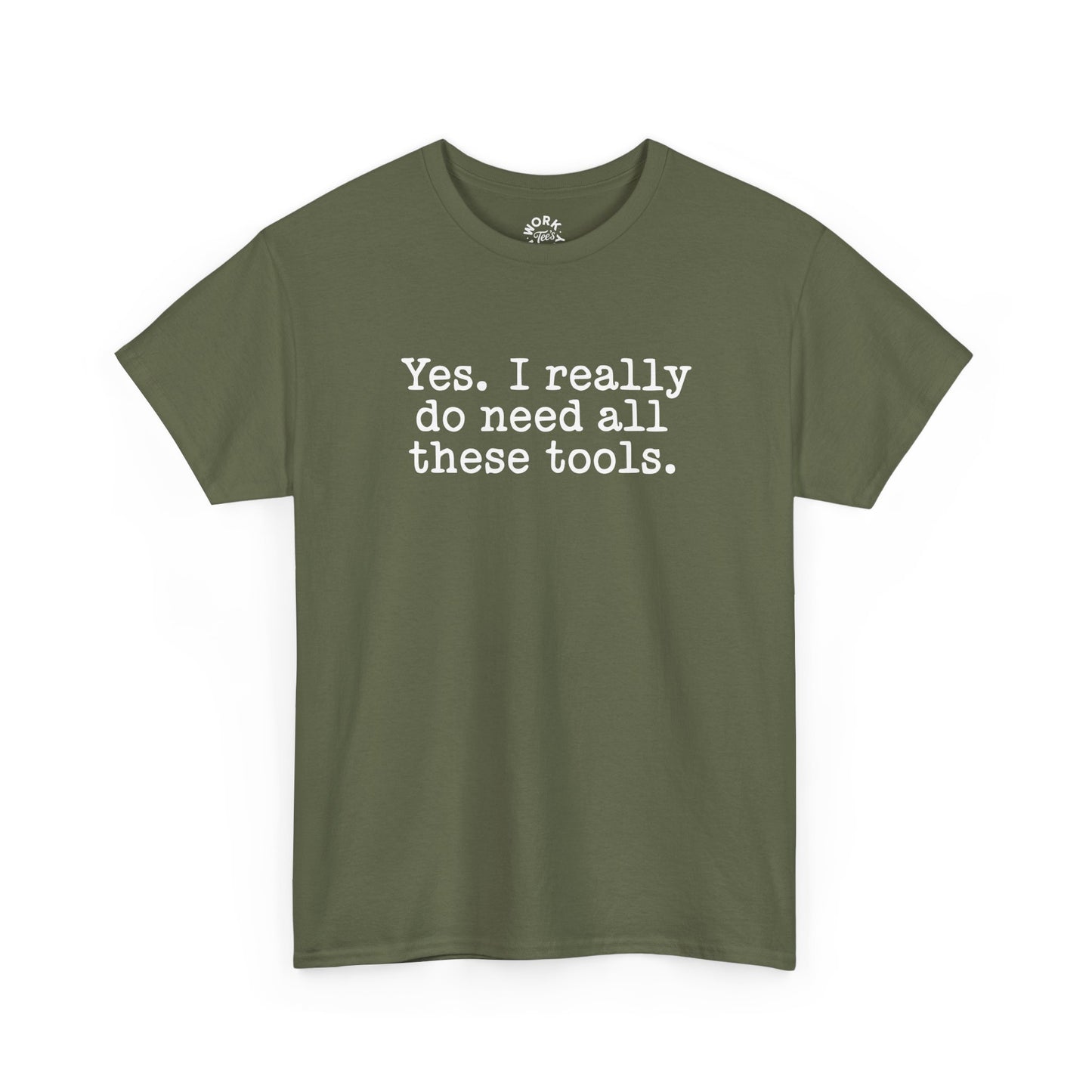 Green t-shirt with white text on a white background