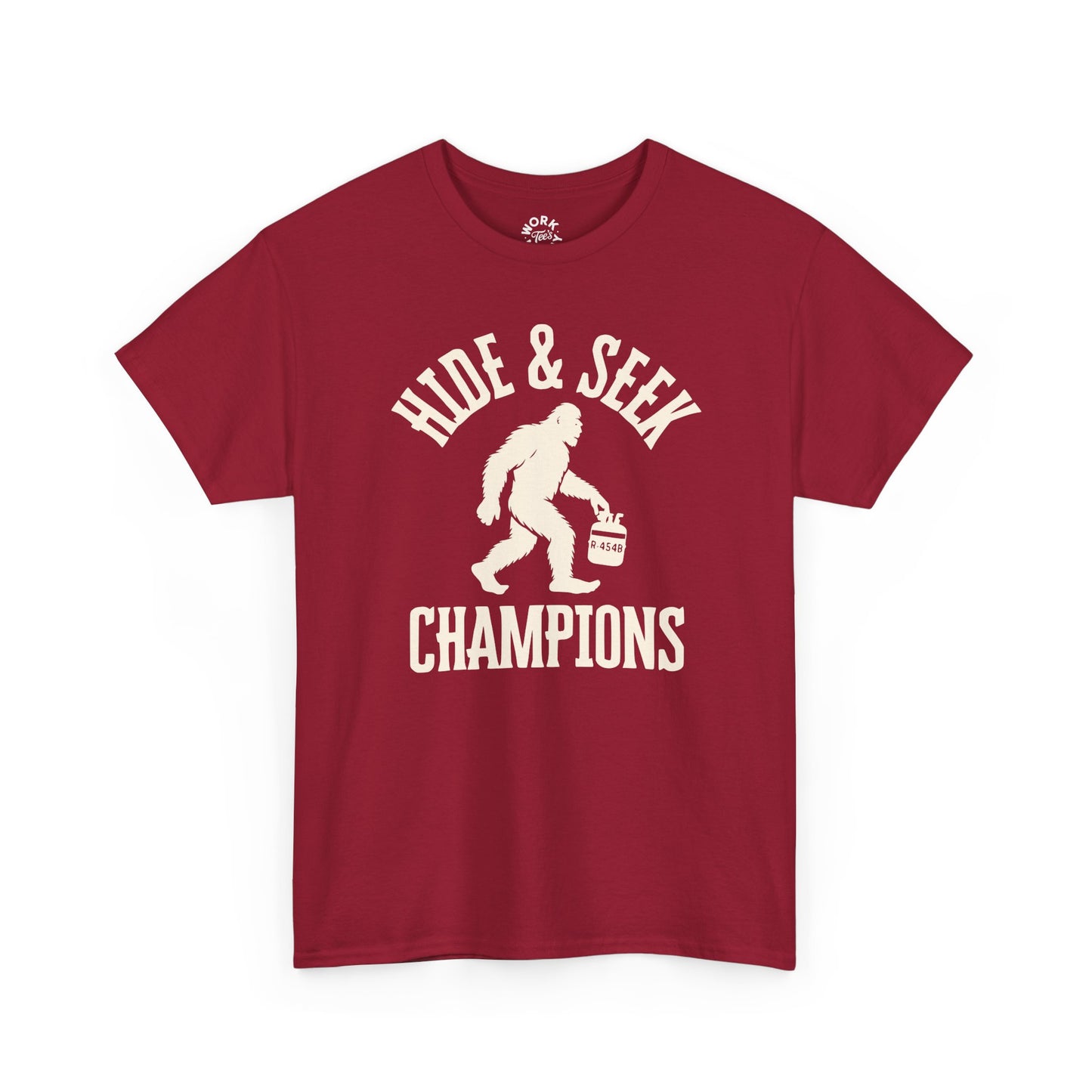 Red t-shirt with 'HIDE & SEEK CHAMPIONS' text and Bigfoot graphic on a white background