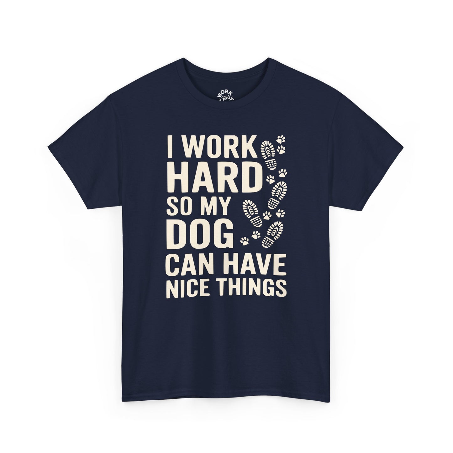 Navy blue t-shirt with white text and paw prints on a white background