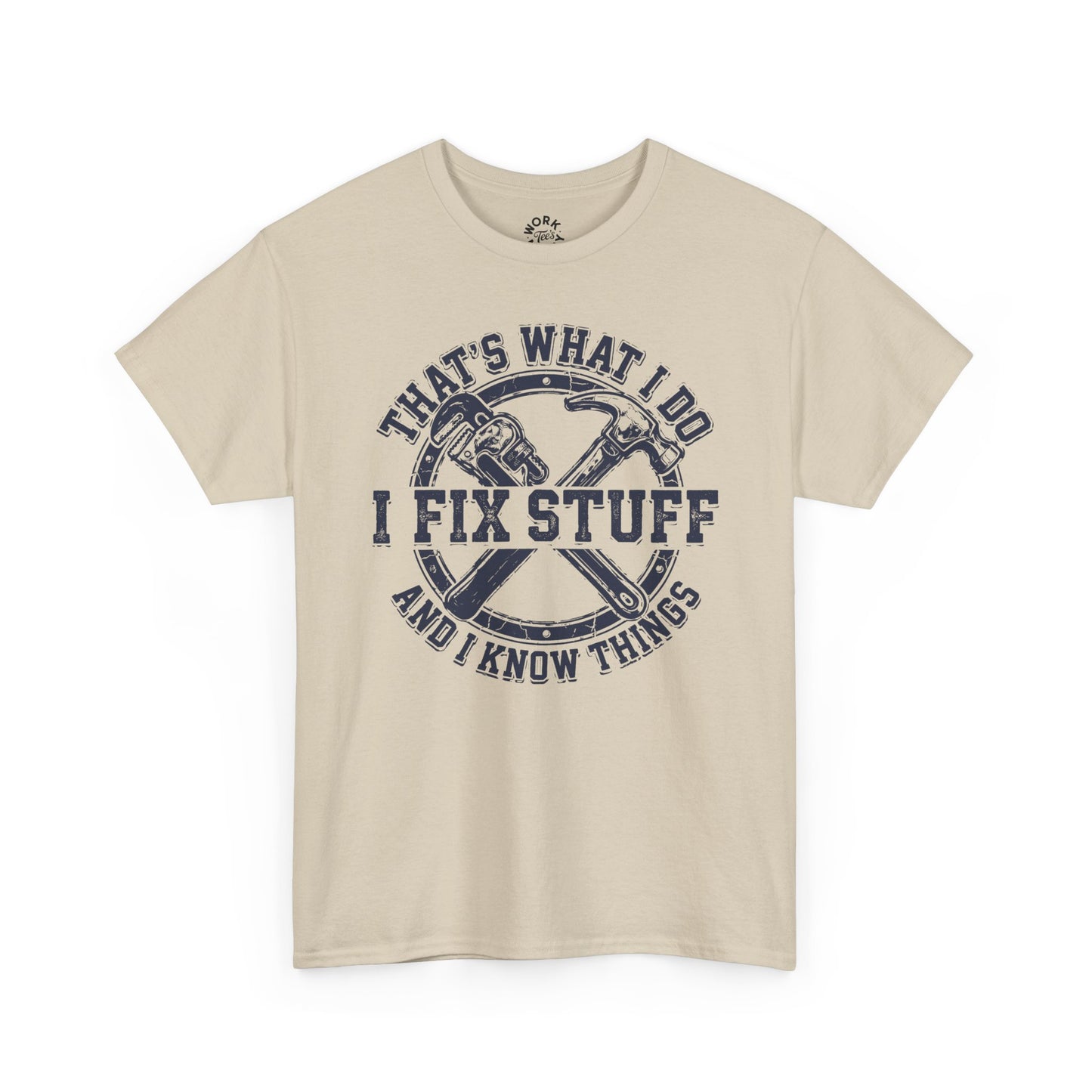 Beige t-shirt with graphic design and text on a white background
