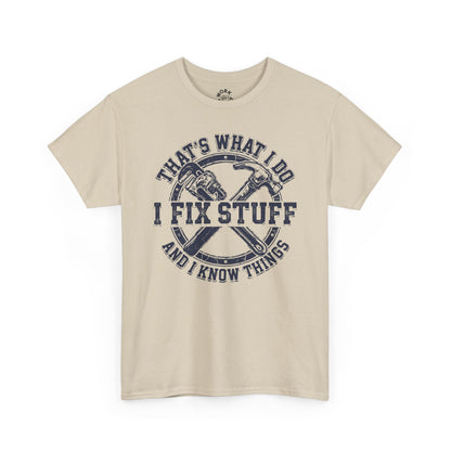Beige t-shirt with graphic design and text on a white background