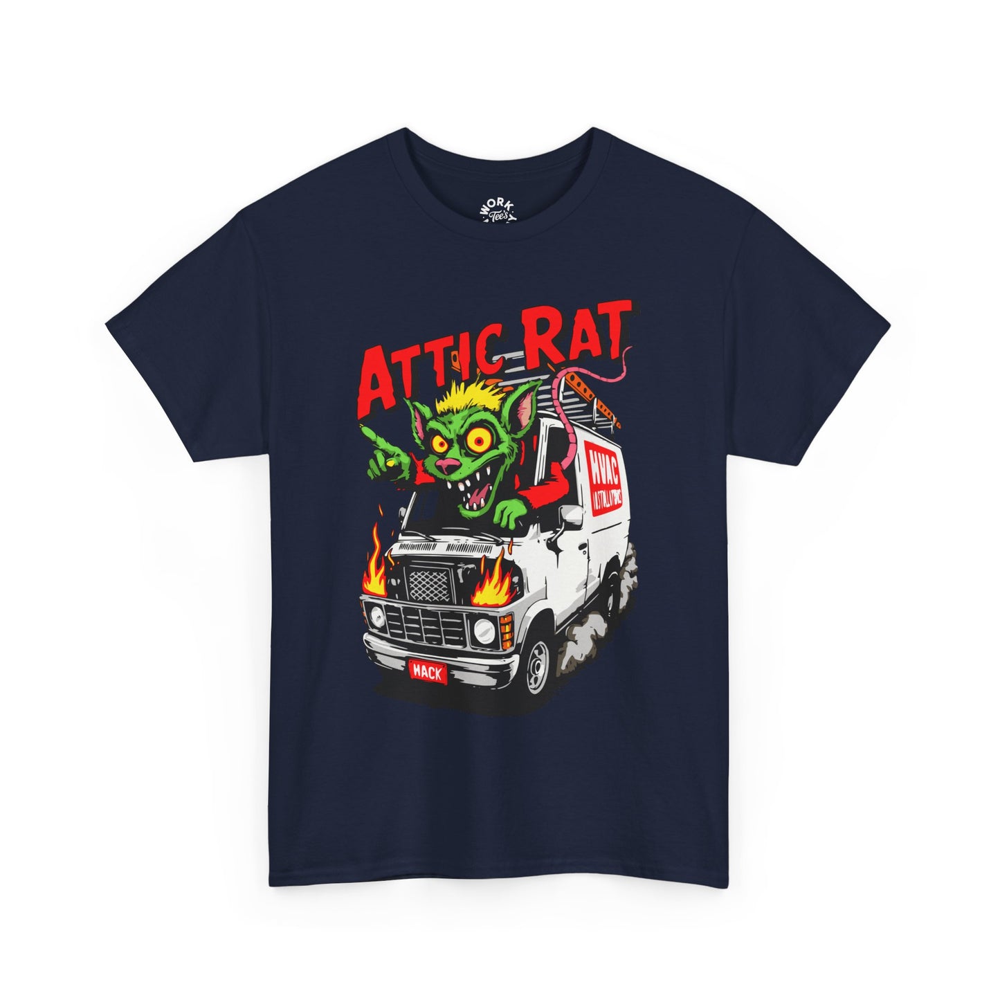Navy blue t-shirt with 'Attic Rat' graphic design featuring a monster and van on a white background.