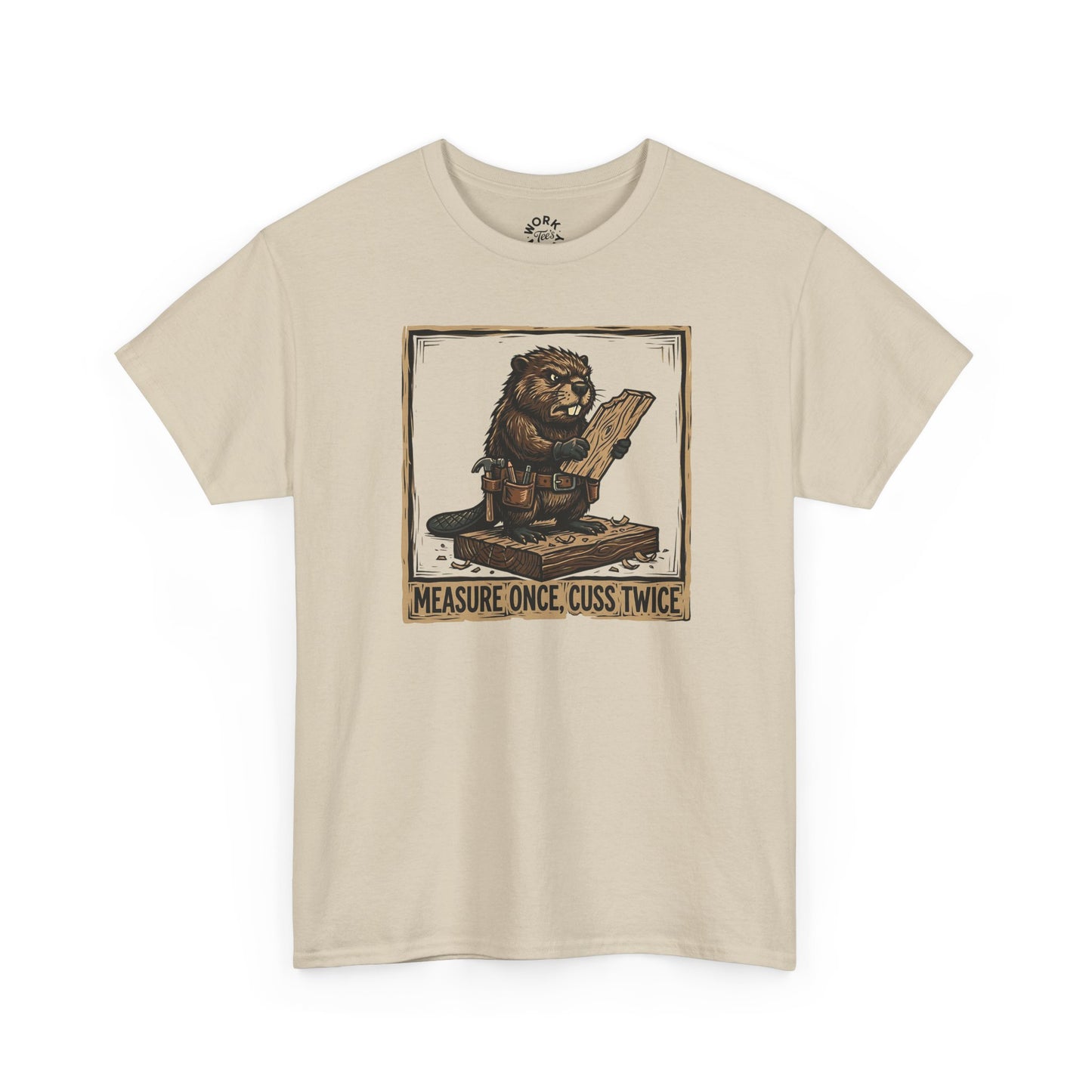 Beige t-shirt with graphic design of a lion holding a measuring stick and text on a white background