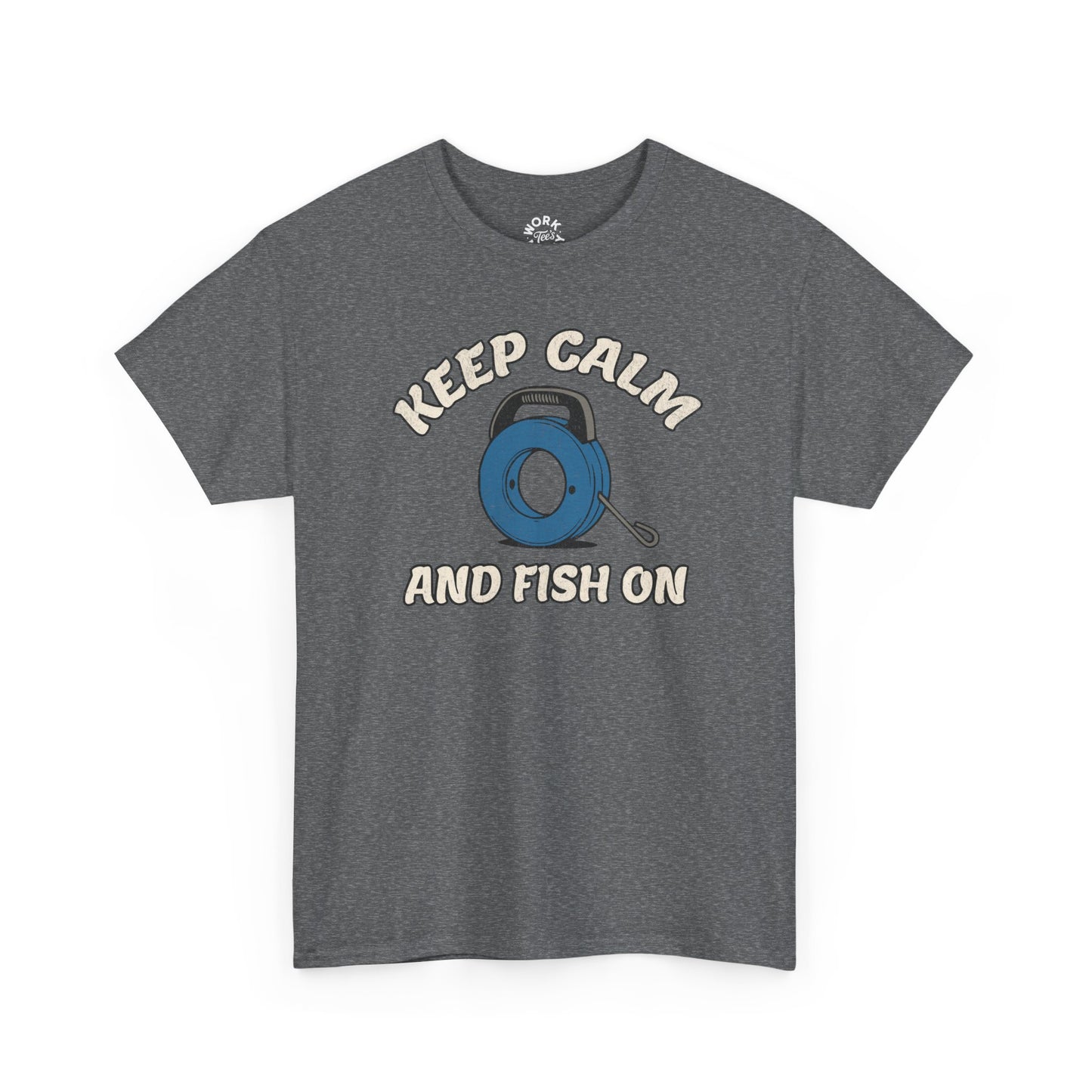 Gray t-shirt with 'Keep Calm and Fish On' graphic and reel design on a white background
