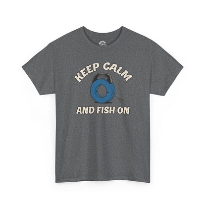 Gray t-shirt with 'Keep Calm and Fish On' graphic and reel design on a white background