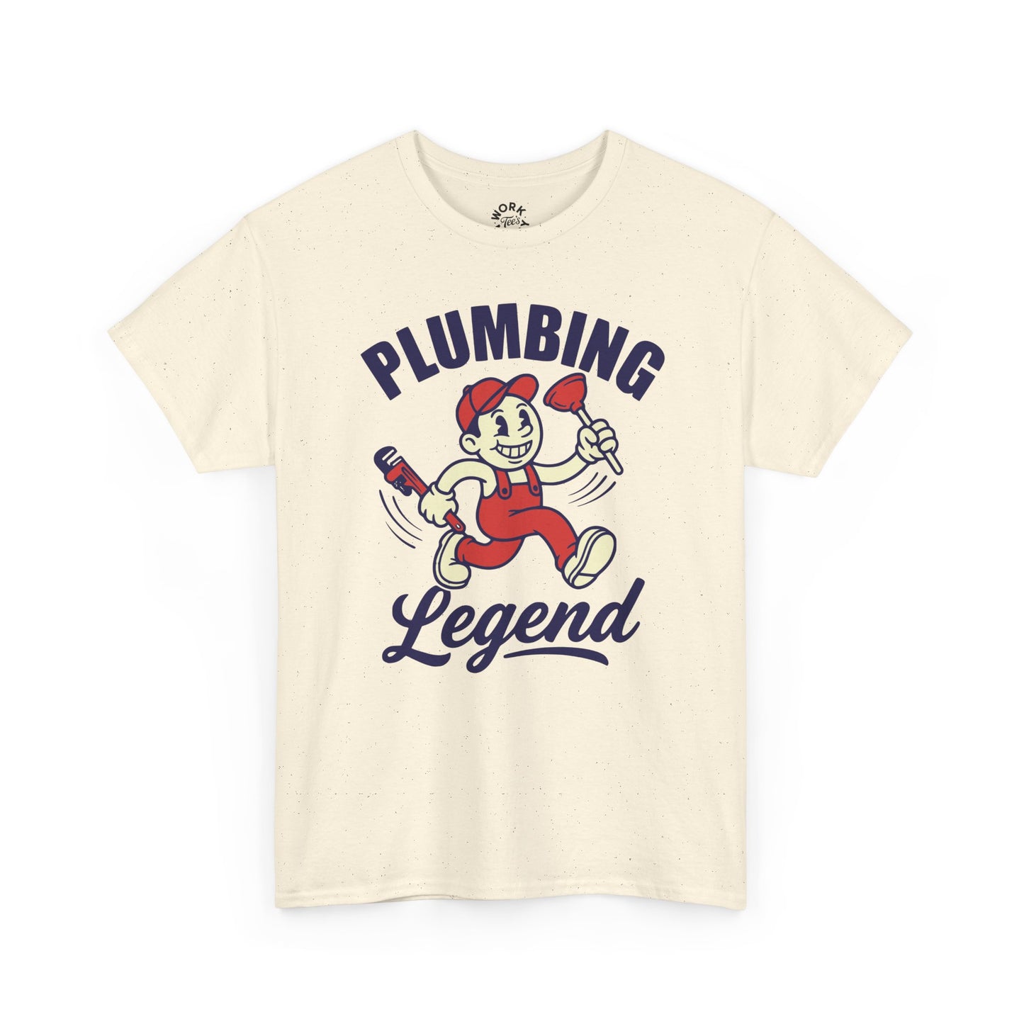 Beige t-shirt with plumbing-themed graphic and text on a white background