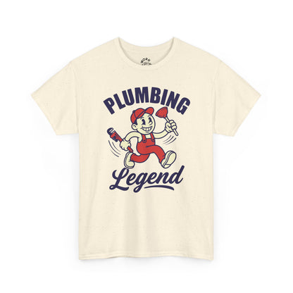 Beige t-shirt with plumbing-themed graphic and text on a white background