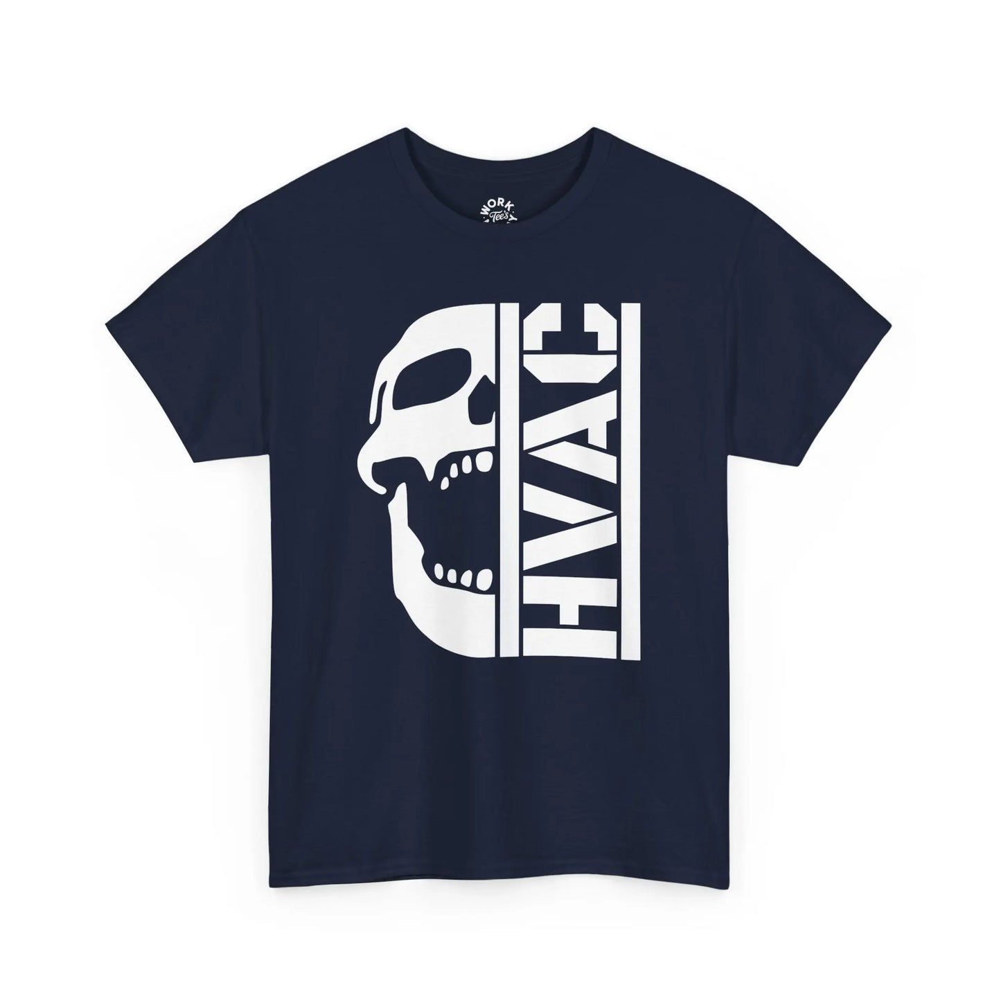 Navy blue t-shirt with a white skull and 'HVAC' text design on a white background