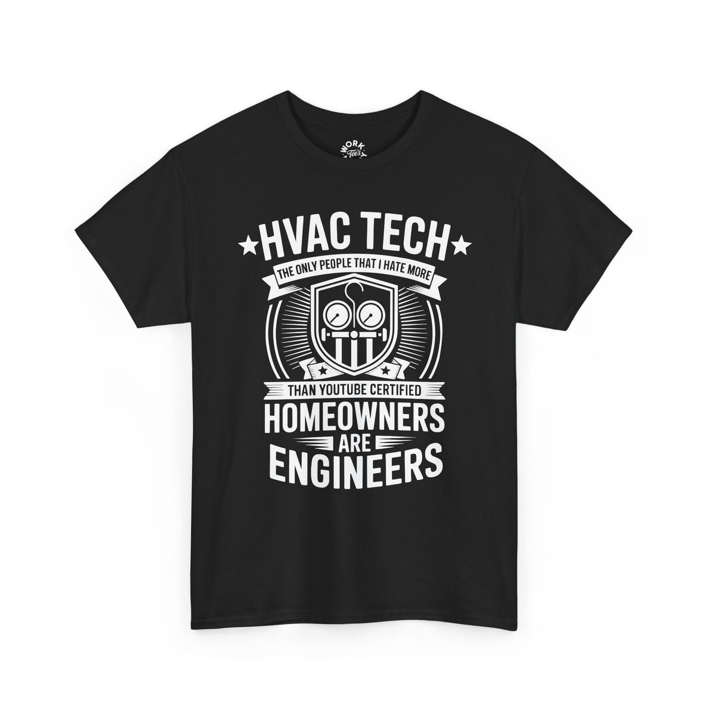 Black t-shirt with white HVAC Tech graphic and text on a white background