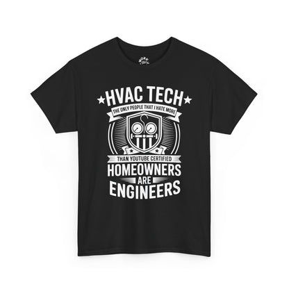 Black t-shirt with white HVAC Tech graphic and text on a white background