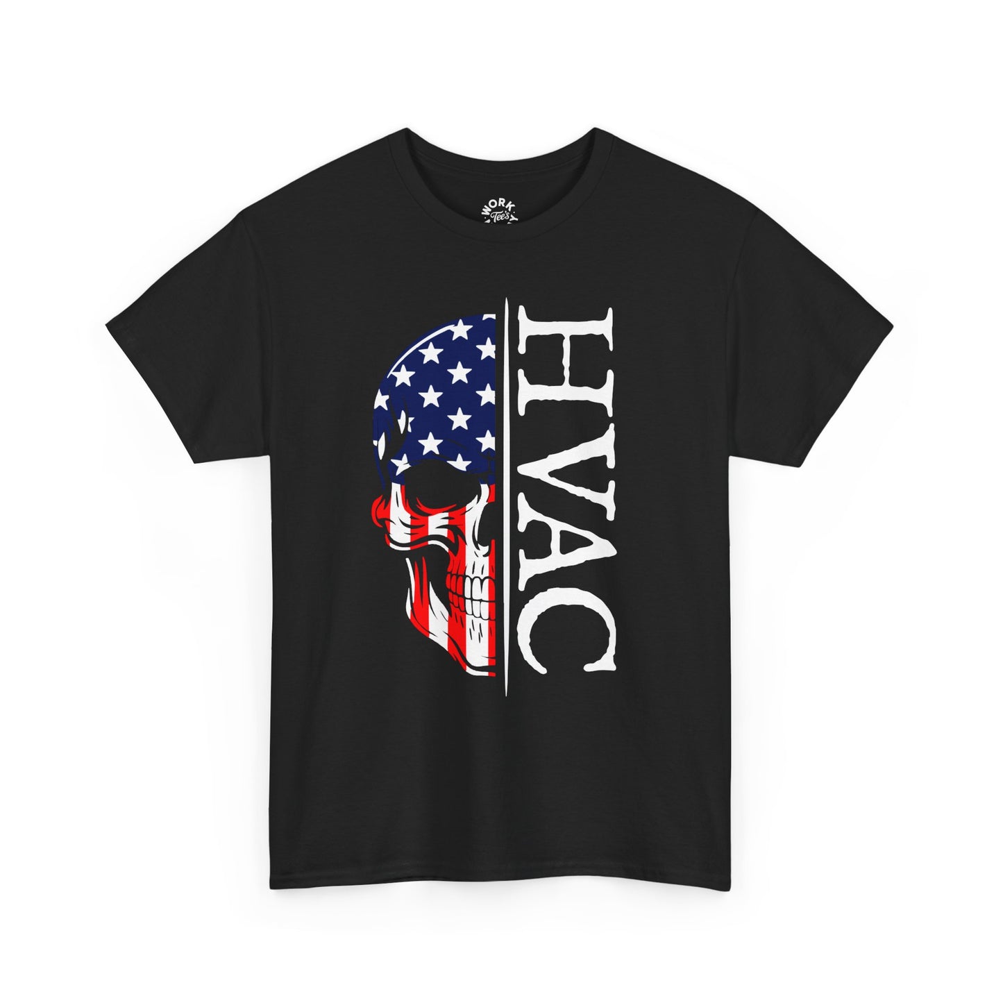 Black t-shirt with HVAC design featuring an American flag skull on a white background