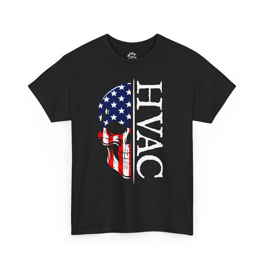 Black t-shirt with HVAC design featuring an American flag skull on a white background