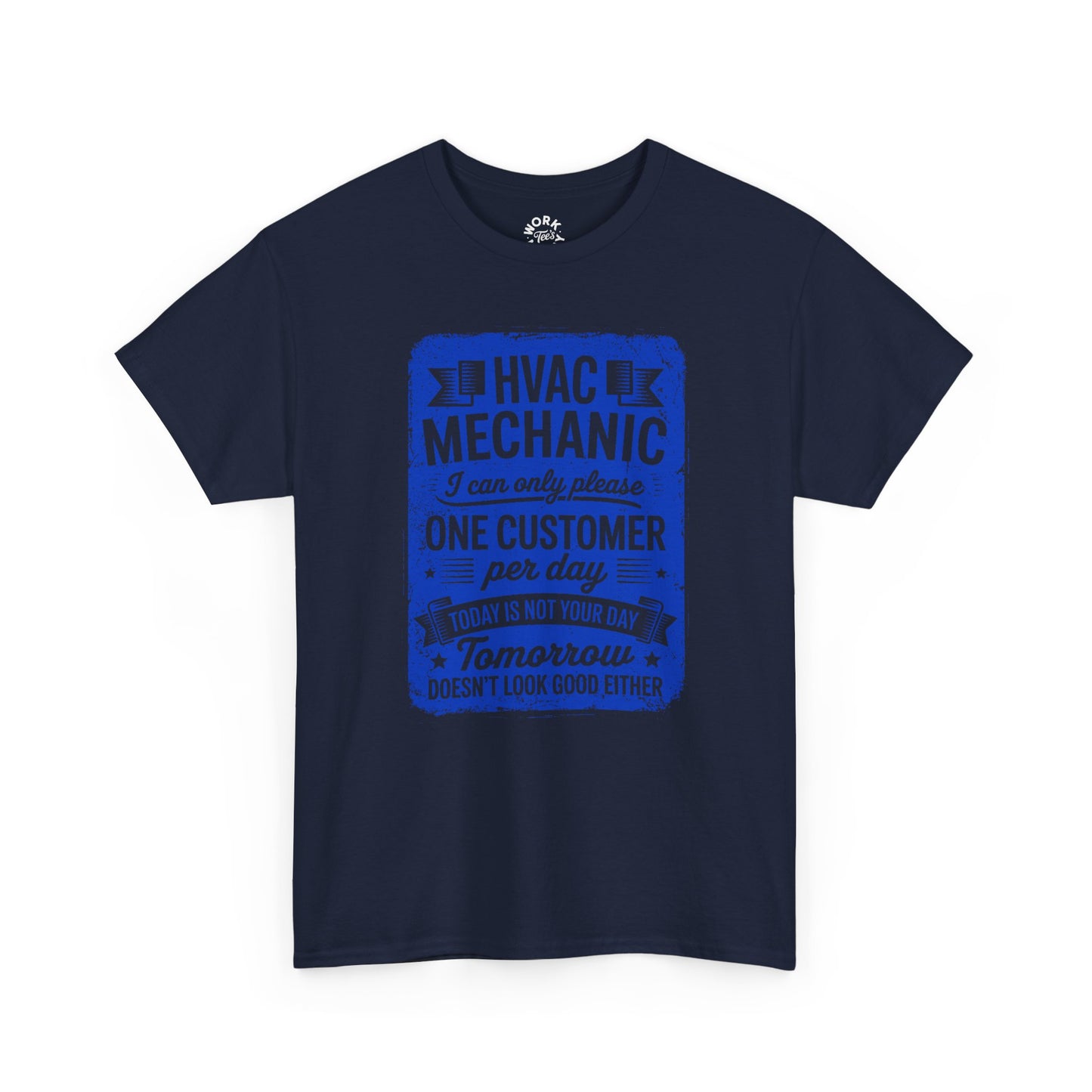 Navy blue t-shirt with blue text on a white background