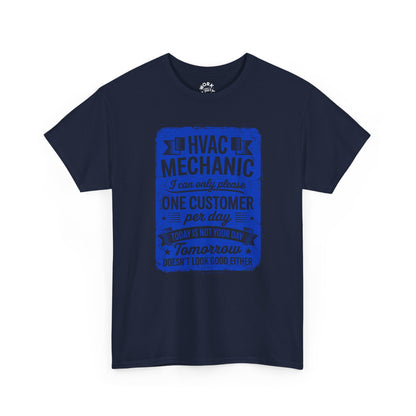 Navy blue t-shirt with blue text on a white background