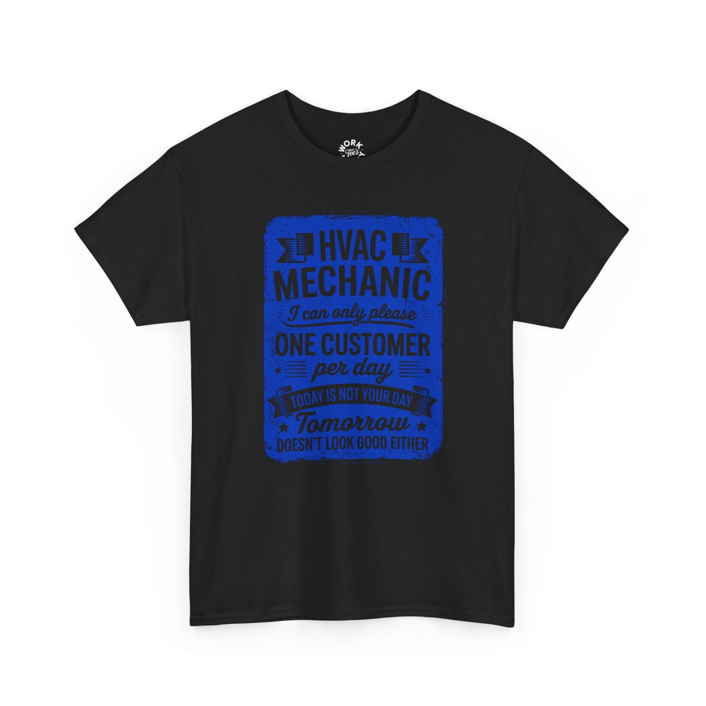 Black t-shirt with blue HVAC Mechanic graphic on a white background
