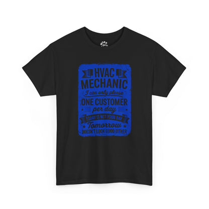 Black t-shirt with blue HVAC Mechanic graphic on a white background