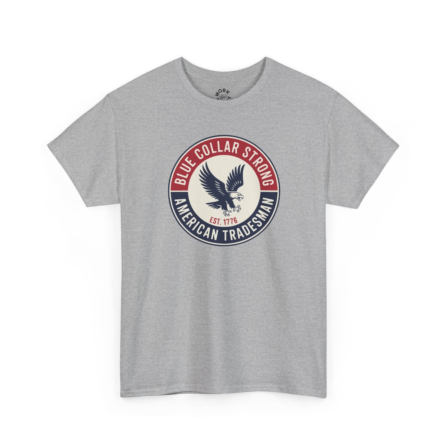 Gray t-shirt with an eagle logo and text on a white background