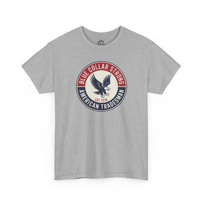 Gray t-shirt with an eagle logo and text on a white background