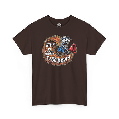 Brown t-shirt with a graphic design and text on a white background