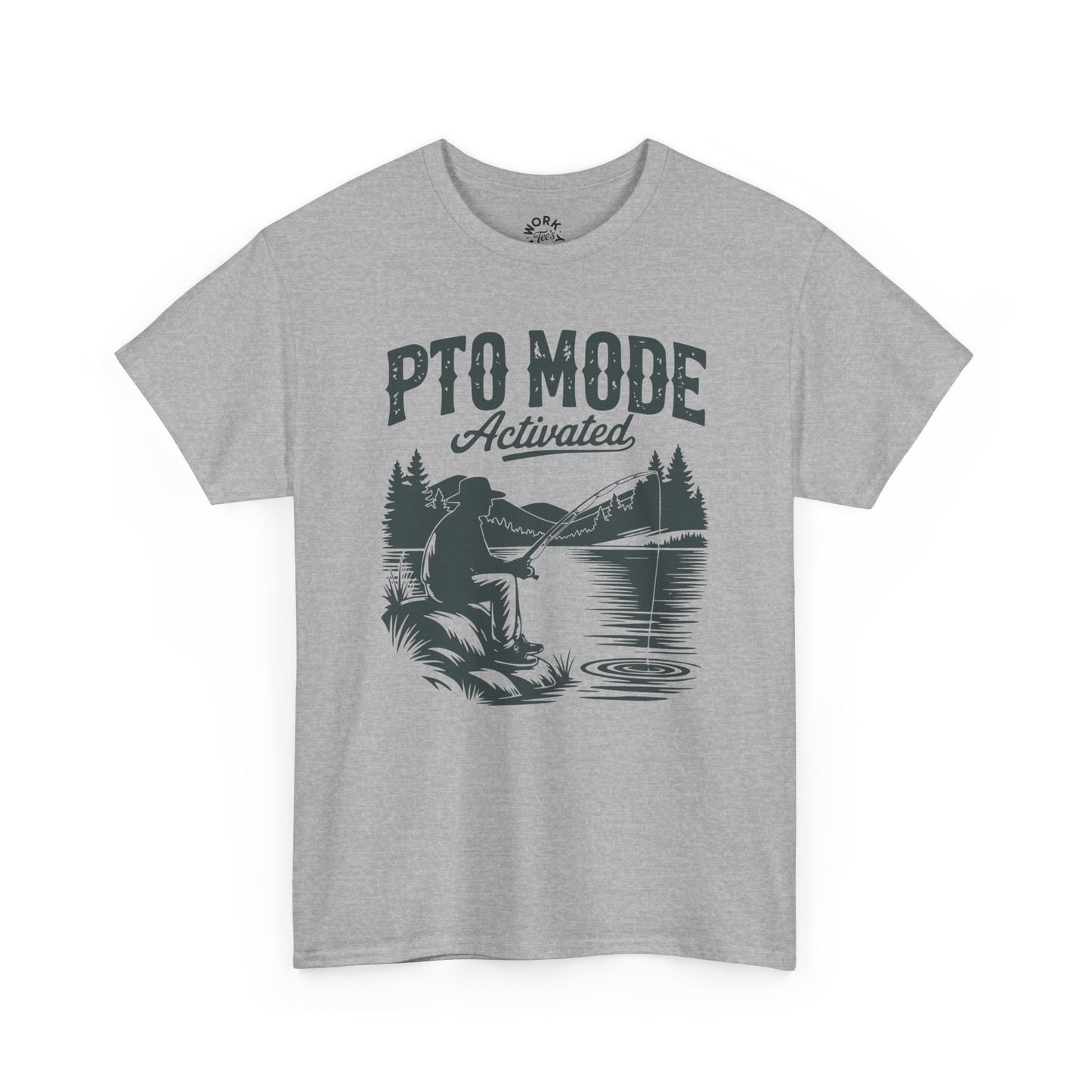Gray t-shirt with a graphic of a person fishing and text 'PTO Mode Activated' on a white background