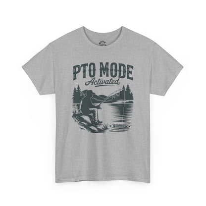 Gray t-shirt with a graphic of a person fishing and text 'PTO Mode Activated' on a white background