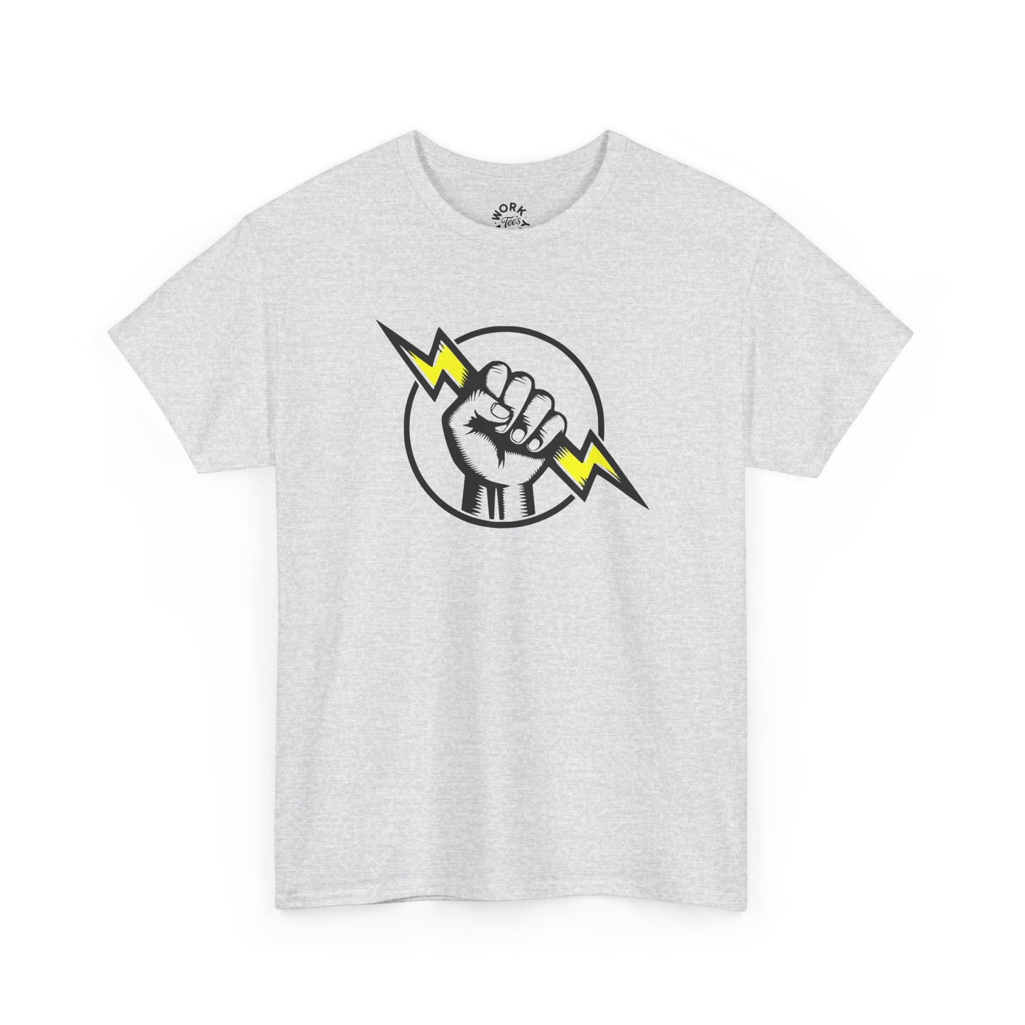 White t-shirt with a graphic design of a fist with a lightning bolt on a white background