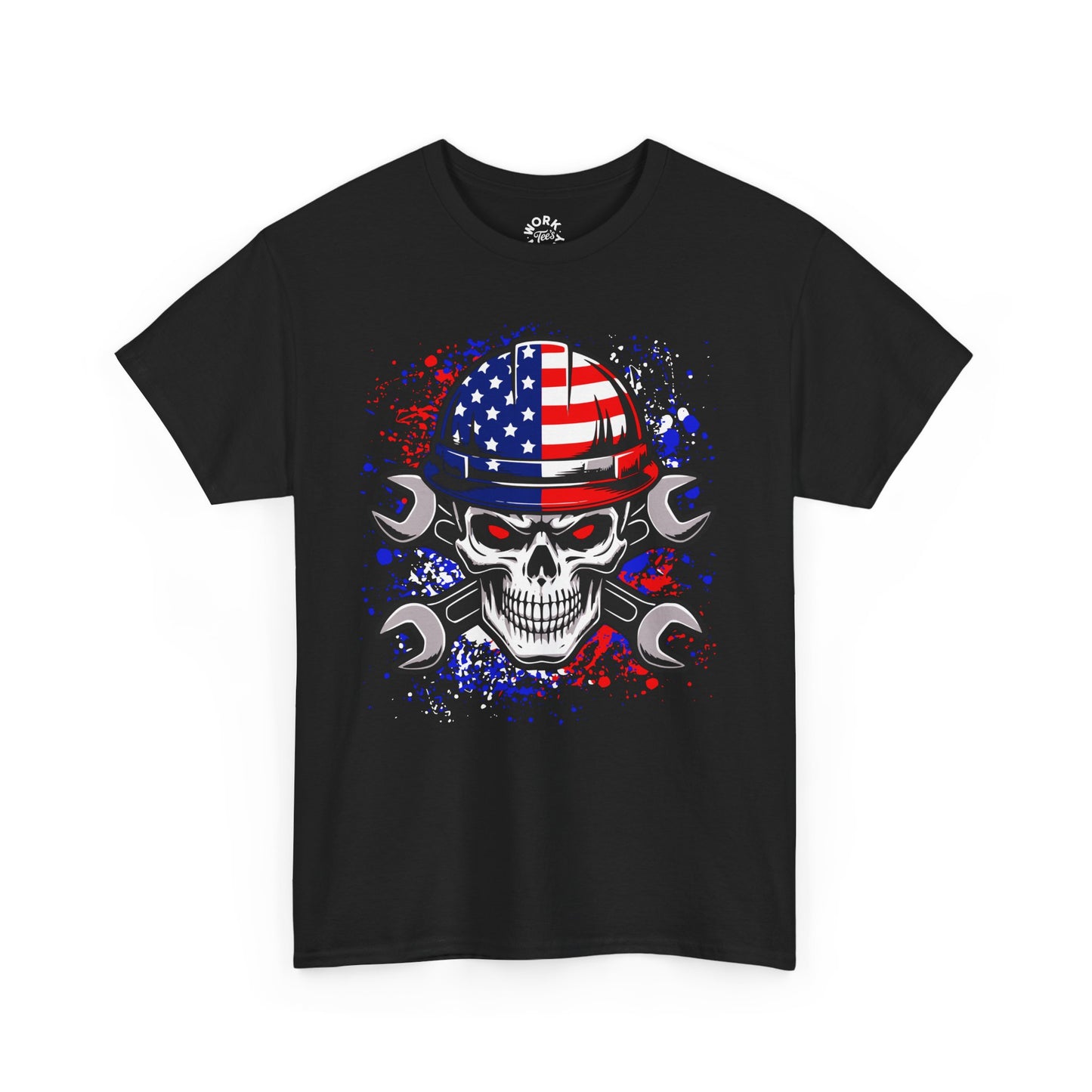 Black t-shirt with a skull wearing an American flag helmet and crossed wrenches design on a white background.