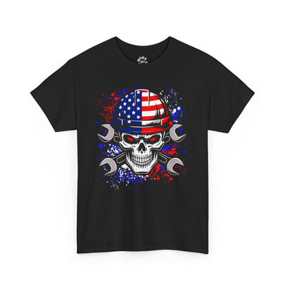 Black t-shirt with a skull wearing an American flag helmet and crossed wrenches design on a white background.