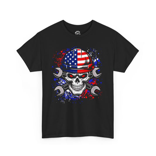 Black t-shirt with a skull wearing an American flag helmet and crossed wrenches design on a white background.