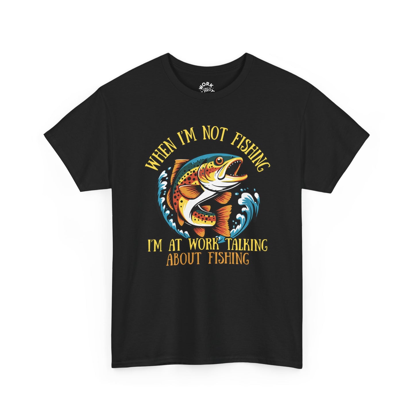 Black t-shirt with fishing graphic and text on a white background