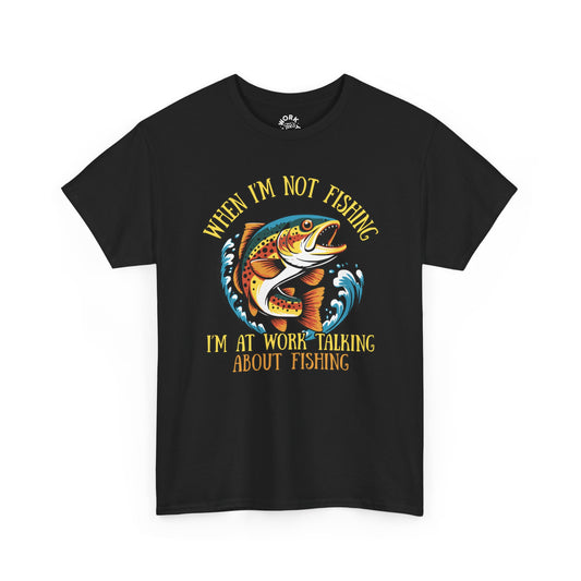 Black t-shirt with fishing graphic and text on a white background