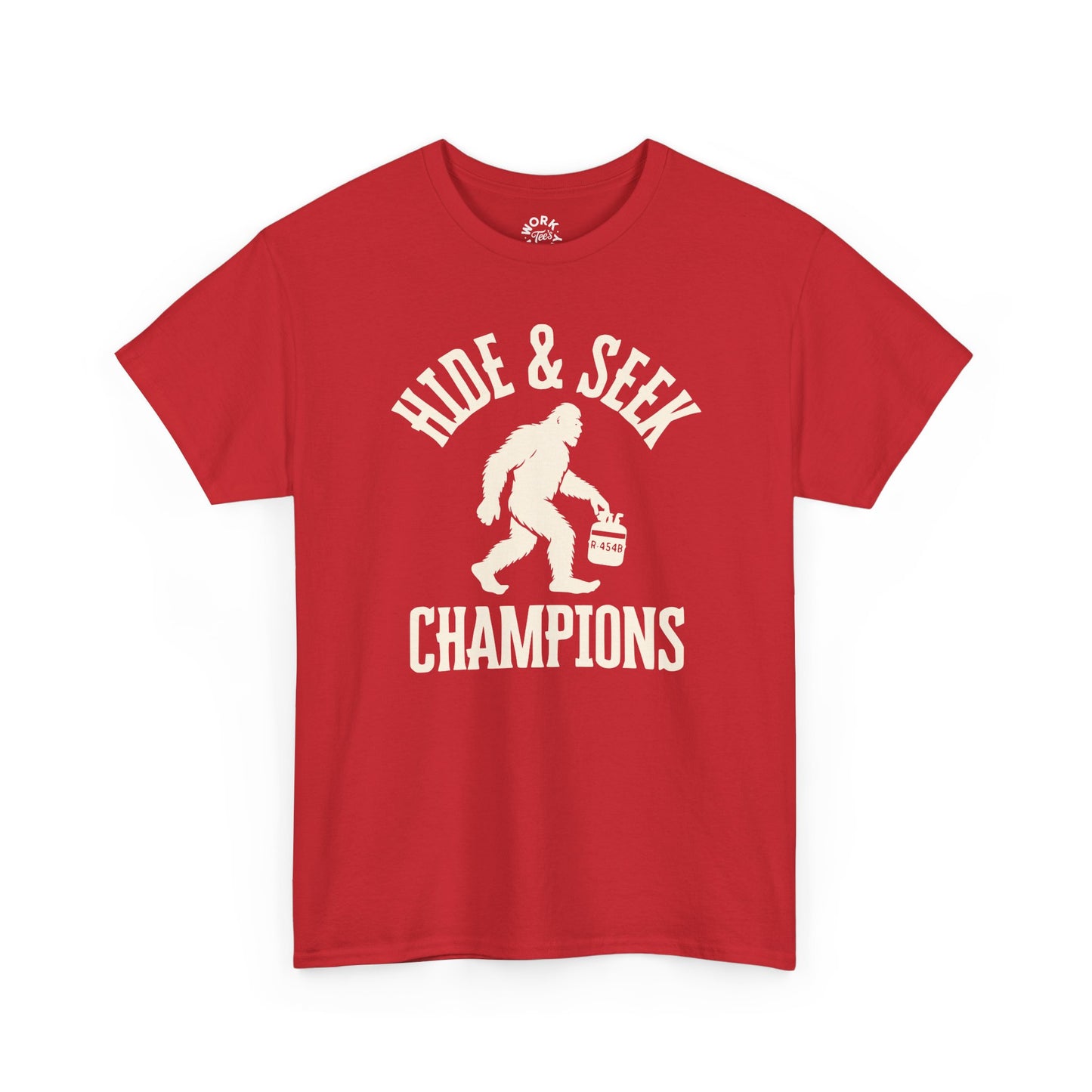 Red t-shirt with 'Hide & Seek Champions' graphic on a white background