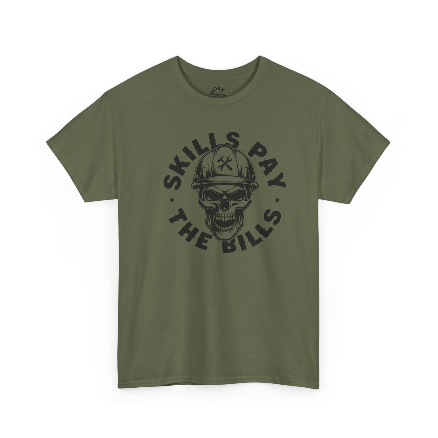 Green t-shirt with skull graphic and text on a white background
