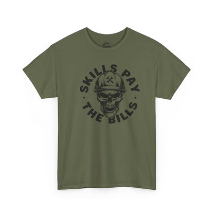 Green t-shirt with skull graphic and text on a white background