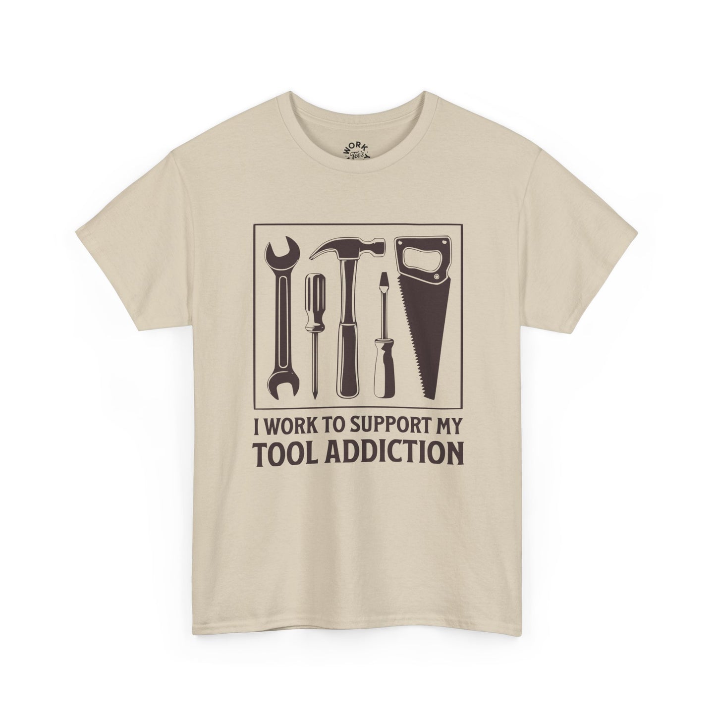 Beige t-shirt with tool graphic and text on a white background
