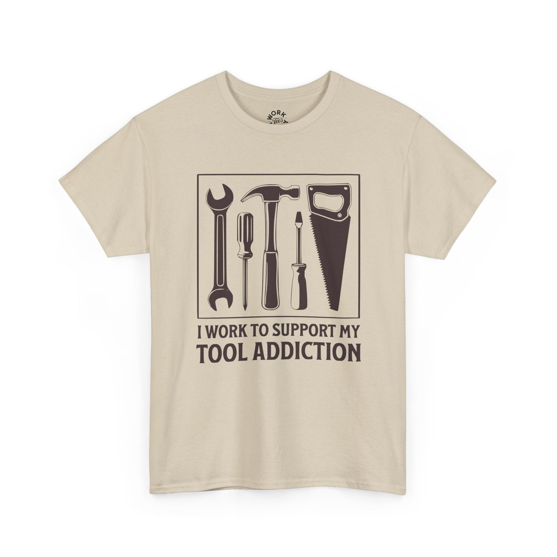 Beige t-shirt with tool graphic and text on a white background